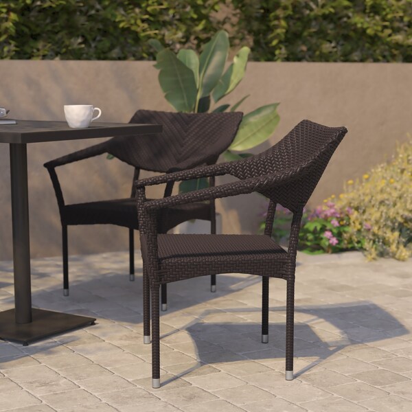 Flash Furniture Espresso PE Rattan Wicker Patio Dining Chair, 2PK 2-TT-TT002-ESP-GG - main